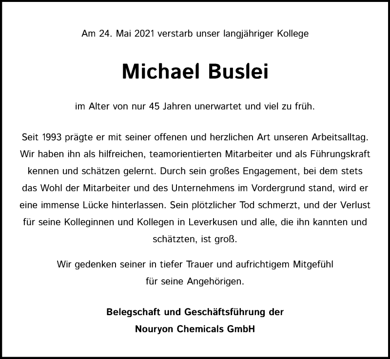  Traueranzeige für Michael Buslei vom 09.06.2021 aus Kölner Stadt-Anzeiger / Kölnische Rundschau / Express