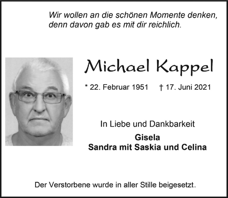  Traueranzeige für Michael Kappel vom 26.06.2021 aus  Blickpunkt Euskirchen 