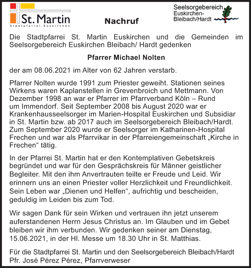  Traueranzeige für Michael Nolten vom 12.06.2021 aus Kölner Stadt-Anzeiger / Kölnische Rundschau / Express