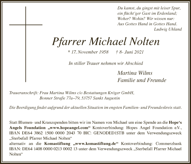  Traueranzeige für Michael Nolten vom 19.06.2021 aus  Wochenende 