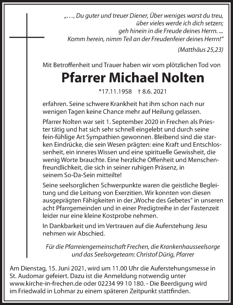  Traueranzeige für Michael Nolten vom 11.06.2021 aus  Wochenende 