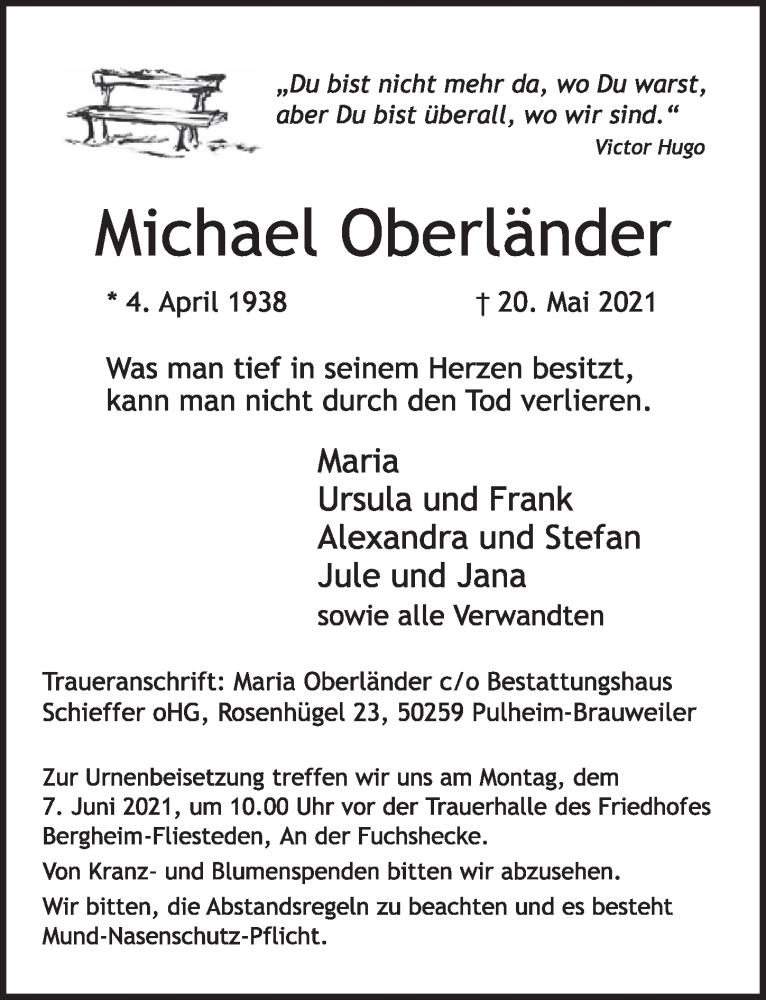  Traueranzeige für Michael Oberländer vom 04.06.2021 aus  Werbepost 