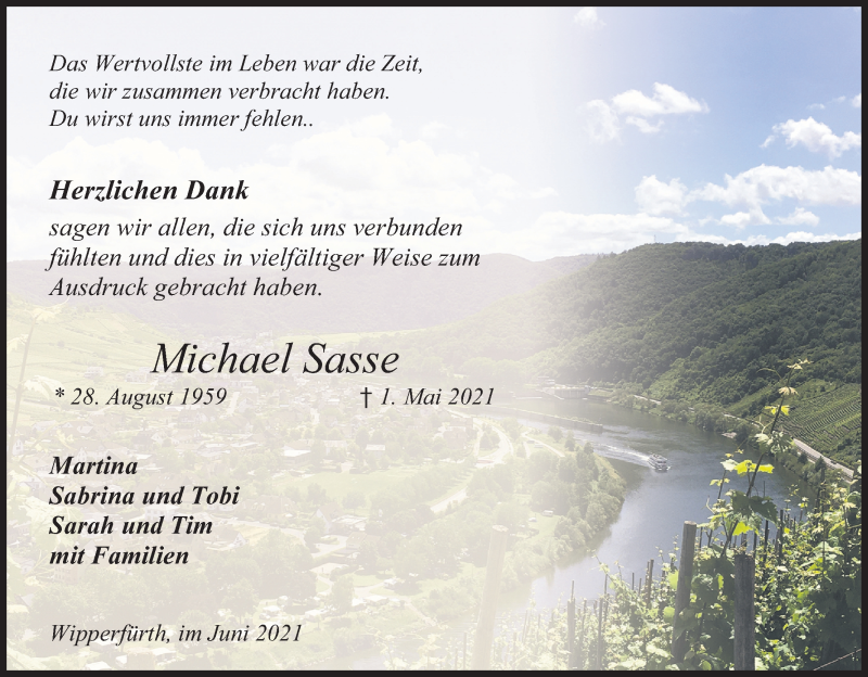  Traueranzeige für Michael Sasse vom 05.06.2021 aus Kölner Stadt-Anzeiger / Kölnische Rundschau / Express