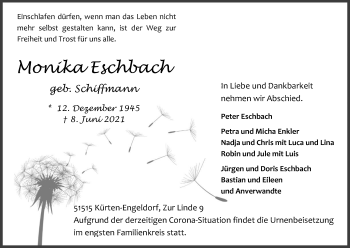 Anzeige von Monika Eschbach von Kölner Stadt-Anzeiger / Kölnische Rundschau / Express