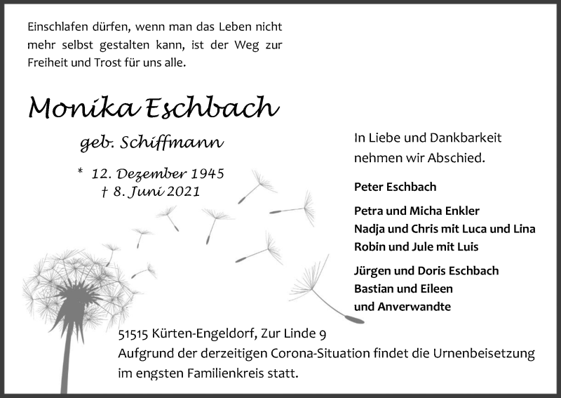 Traueranzeige für Monika Eschbach vom 12.06.2021 aus Kölner Stadt-Anzeiger / Kölnische Rundschau / Express
