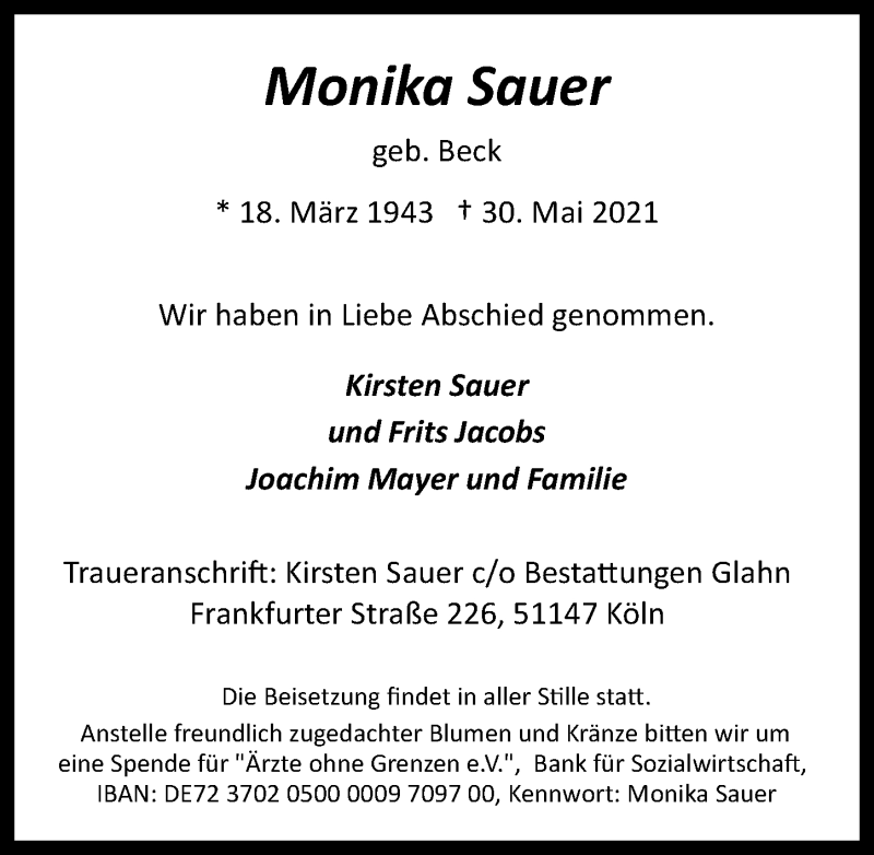  Traueranzeige für Monika Sauer vom 04.06.2021 aus  Kölner Wochenspiegel 