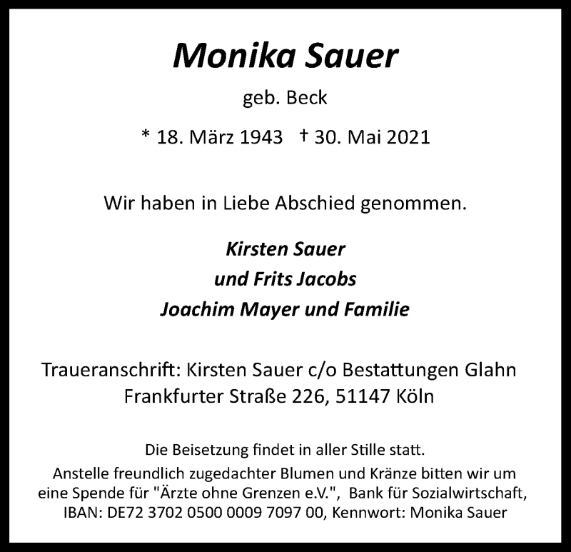  Traueranzeige für Monika Sauer vom 05.06.2021 aus Kölner Stadt-Anzeiger / Kölnische Rundschau / Express