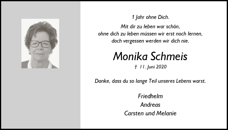  Traueranzeige für Monika Schmeis vom 11.06.2021 aus  Anzeigen Echo 