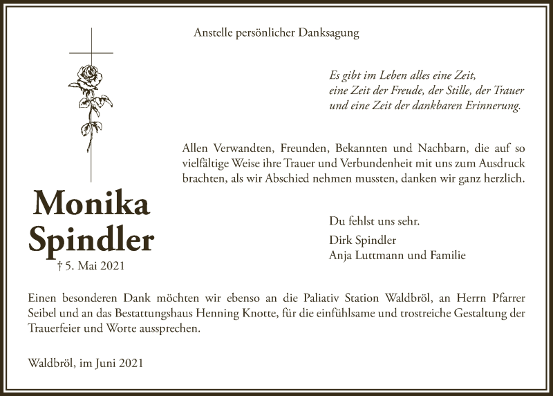  Traueranzeige für Monika Spindler vom 11.06.2021 aus  Lokalanzeiger 