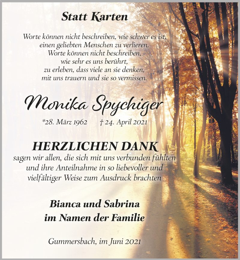  Traueranzeige für Monika Spychiger vom 11.06.2021 aus  Anzeigen Echo 