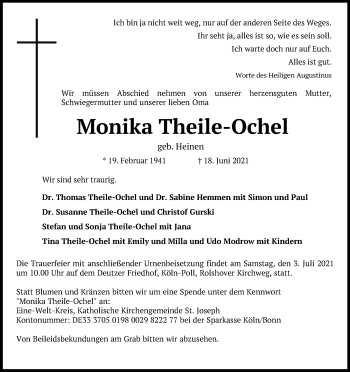 Anzeige von Monika Theile-Ochel von Kölner Stadt-Anzeiger / Kölnische Rundschau / Express