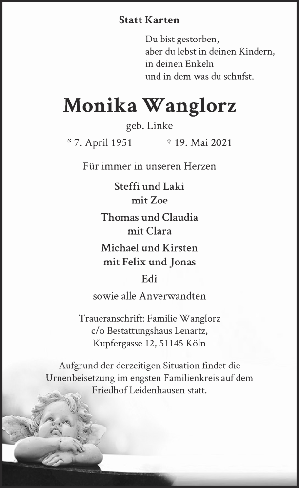  Traueranzeige für Monika Wanglorz vom 04.06.2021 aus  Kölner Wochenspiegel 