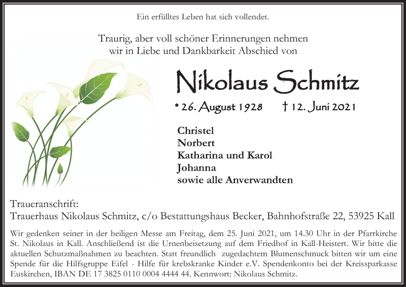  Traueranzeige für Nikolaus Schmitz vom 19.06.2021 aus Kölner Stadt-Anzeiger / Kölnische Rundschau / Express