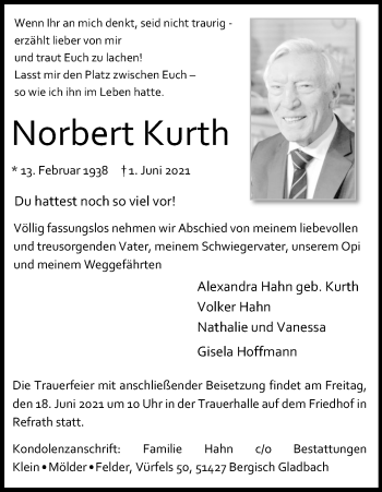 Anzeige von Norbert Kurth von Kölner Stadt-Anzeiger / Kölnische Rundschau / Express