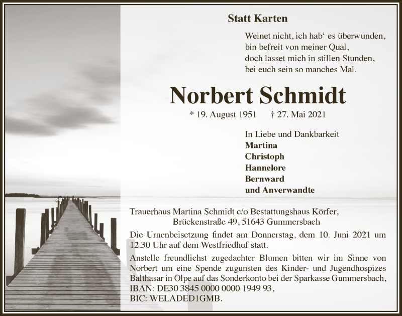  Traueranzeige für Norbert Schmidt vom 04.06.2021 aus  Anzeigen Echo 