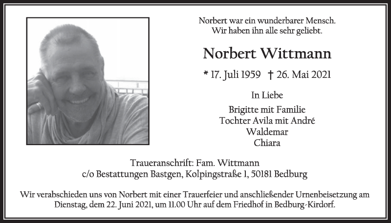  Traueranzeige für Norbert Wittmann vom 11.06.2021 aus  Werbepost 