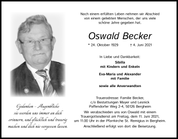 Anzeige von Oswald Becker von Kölner Stadt-Anzeiger / Kölnische Rundschau / Express