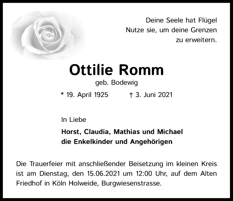  Traueranzeige für Ottilie Romm vom 12.06.2021 aus Kölner Stadt-Anzeiger / Kölnische Rundschau / Express
