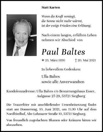 Anzeige von Paul Baltes von Kölner Stadt-Anzeiger / Kölnische Rundschau / Express