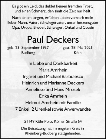 Anzeige von Paul Deckers von  Kölner Wochenspiegel 