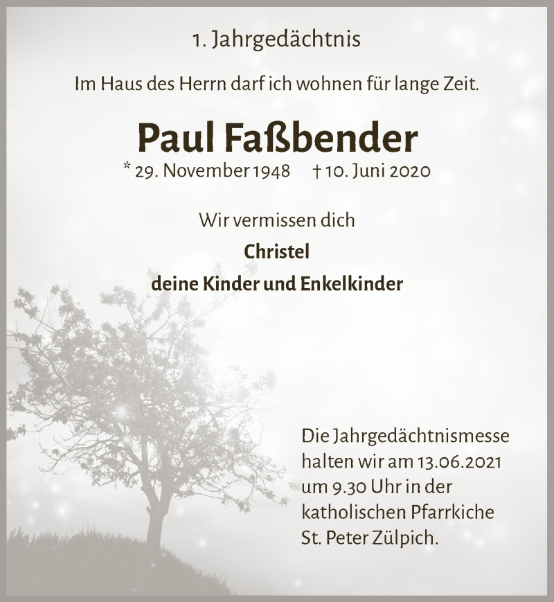  Traueranzeige für Paul Faßbender vom 05.06.2021 aus  Blickpunkt Euskirchen 