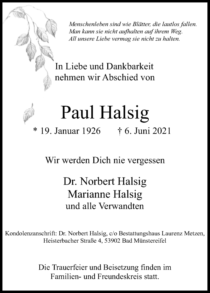  Traueranzeige für Paul Halsig vom 19.06.2021 aus Kölner Stadt-Anzeiger / Kölnische Rundschau / Express