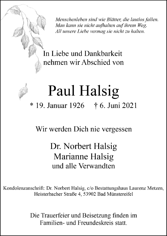  Traueranzeige für Paul Halsig vom 19.06.2021 aus  Blickpunkt Euskirchen 