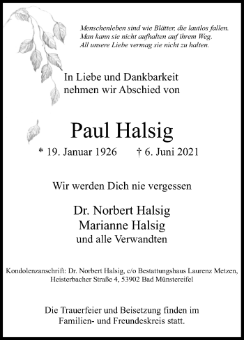 Anzeige von Paul Halsig von Kölner Stadt-Anzeiger / Kölnische Rundschau / Express