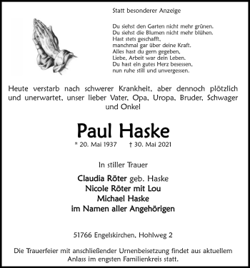 Anzeige von Paul Haske von  Anzeigen Echo 