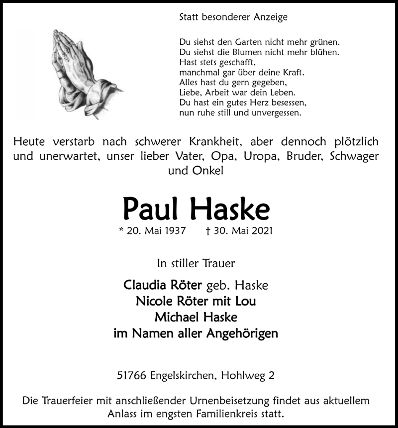  Traueranzeige für Paul Haske vom 04.06.2021 aus  Anzeigen Echo 