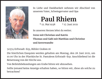 Anzeige von Paul Rhiem von Kölner Stadt-Anzeiger / Kölnische Rundschau / Express