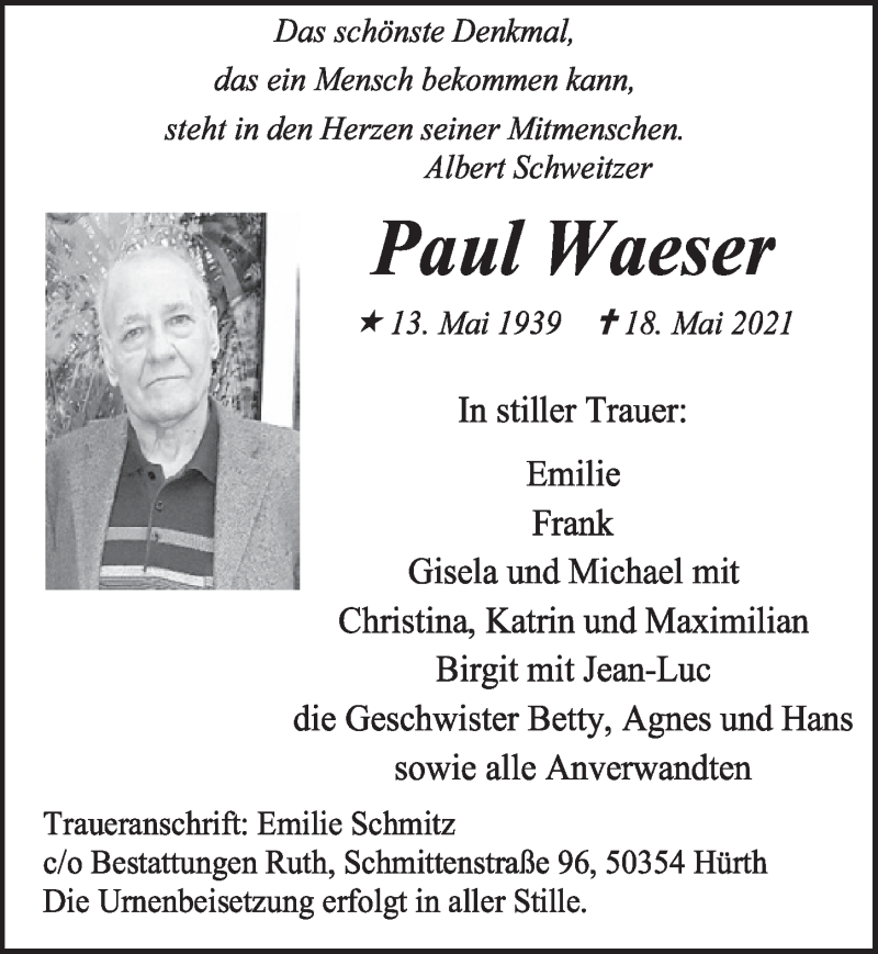  Traueranzeige für Paul Waeser vom 04.06.2021 aus  Wochenende 