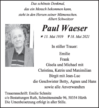 Anzeige von Paul Waeser von  Wochenende 