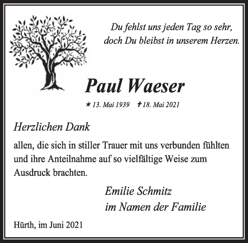  Traueranzeige für Paul Waeser vom 18.06.2021 aus  Wochenende 
