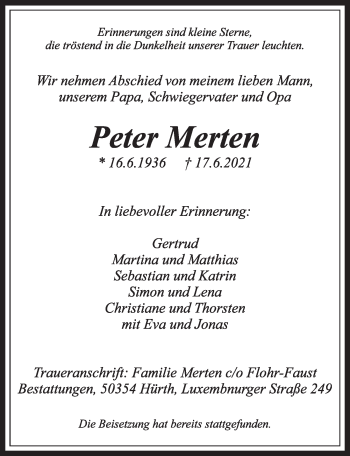 Anzeige von Peter Merten von  Wochenende 