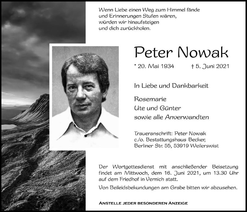  Traueranzeige für Peter Nowak vom 12.06.2021 aus  Blickpunkt Euskirchen 