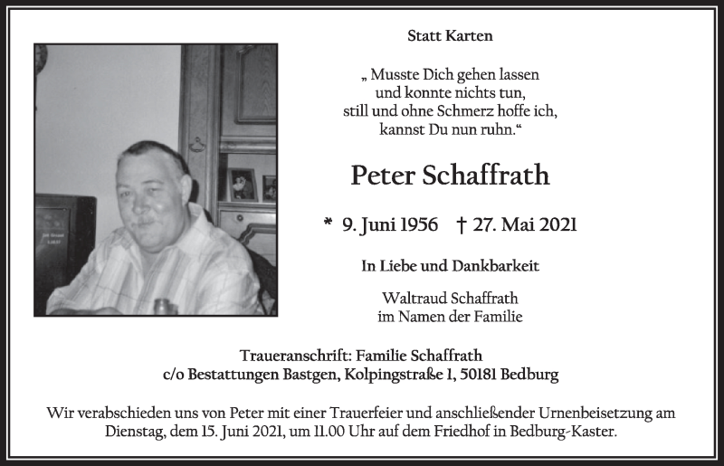  Traueranzeige für Peter Schaffrath vom 11.06.2021 aus  Werbepost 