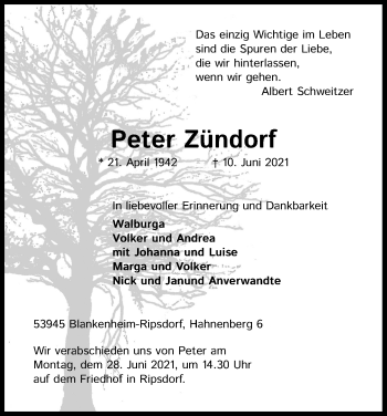 Anzeige von Peter Zündorf von Kölner Stadt-Anzeiger / Kölnische Rundschau / Express