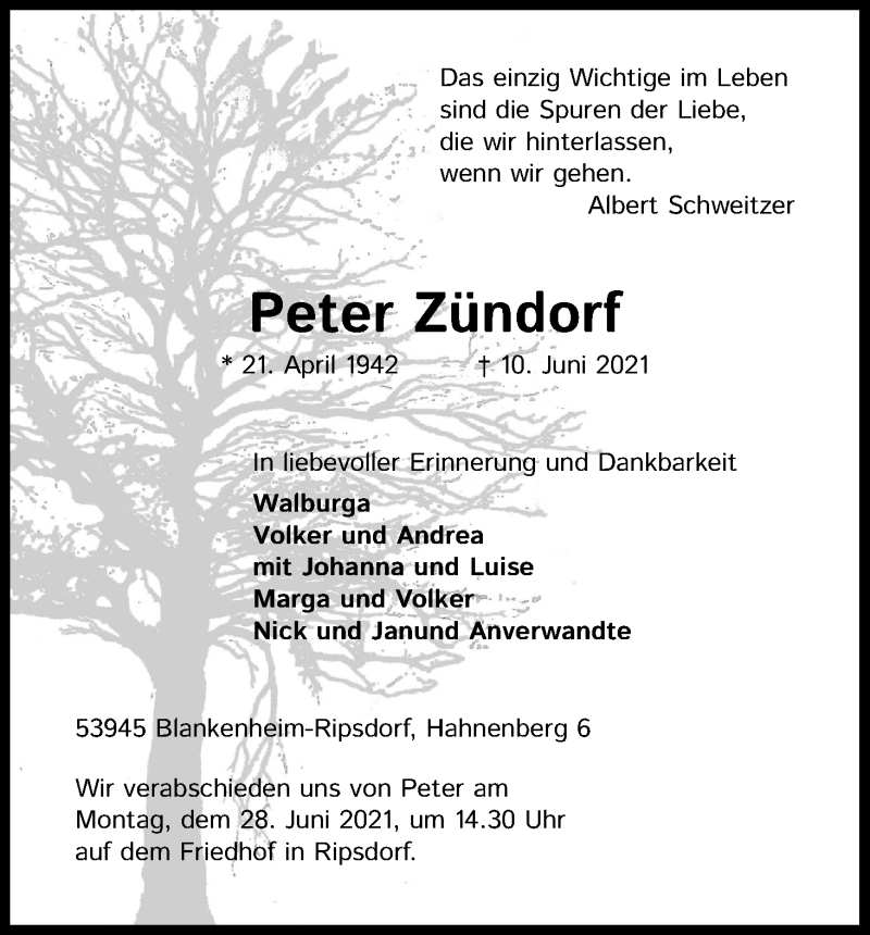  Traueranzeige für Peter Zündorf vom 19.06.2021 aus Kölner Stadt-Anzeiger / Kölnische Rundschau / Express