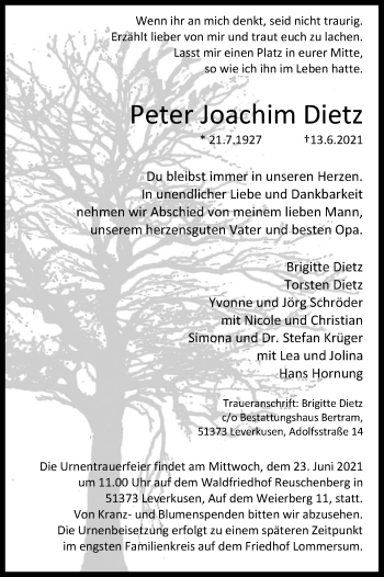Anzeige von Peter Joachim Dietz von Kölner Stadt-Anzeiger / Kölnische Rundschau / Express