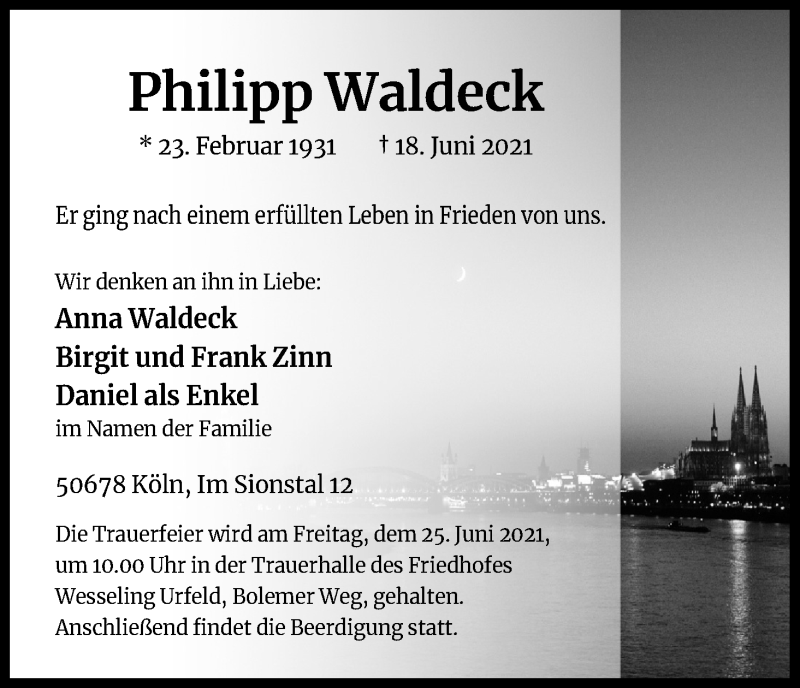 Traueranzeige für Philipp Waldeck vom 23.06.2021 aus Kölner Stadt-Anzeiger / Kölnische Rundschau / Express