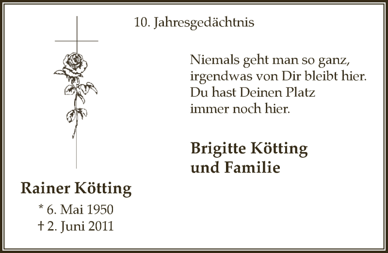  Traueranzeige für Rainer Kötting vom 04.06.2021 aus  Lokalanzeiger 