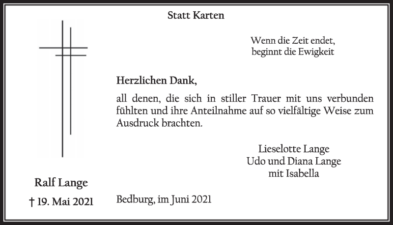  Traueranzeige für Ralf Lange vom 25.06.2021 aus  Werbepost 