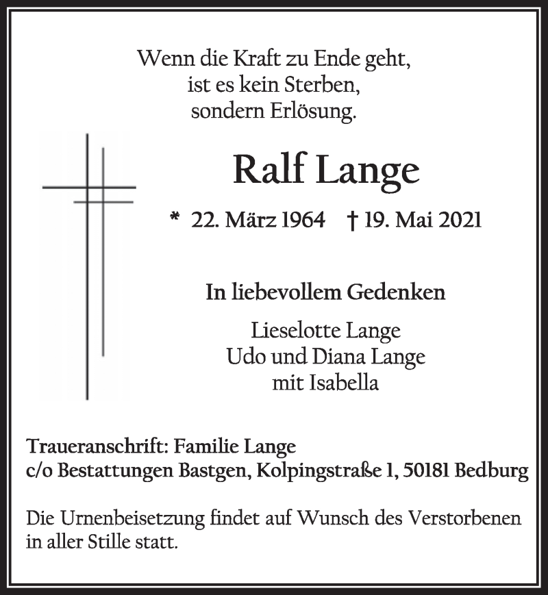  Traueranzeige für Ralf Lange vom 04.06.2021 aus  Werbepost 