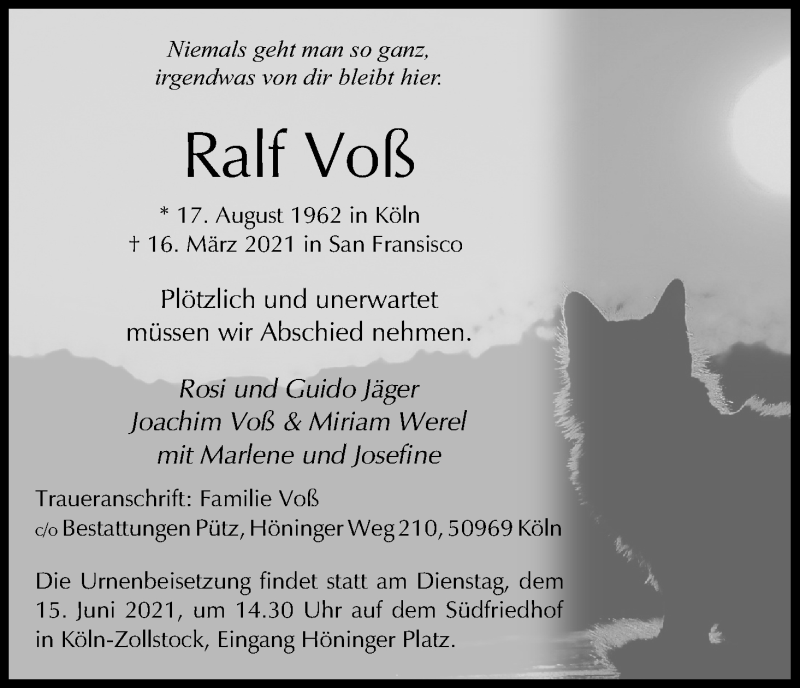  Traueranzeige für Ralf Voß vom 05.06.2021 aus Kölner Stadt-Anzeiger / Kölnische Rundschau / Express