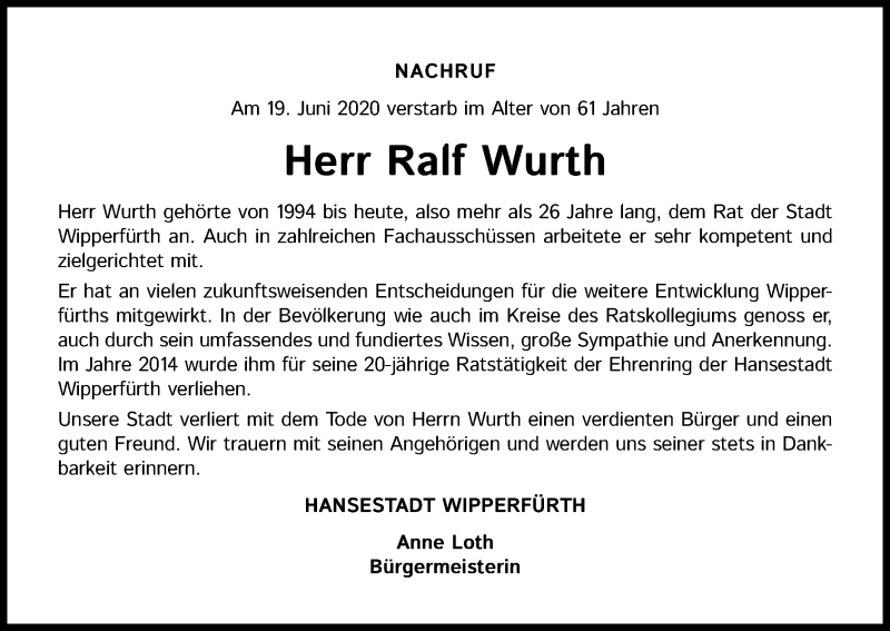  Traueranzeige für Ralf Wurth vom 26.06.2021 aus Kölner Stadt-Anzeiger / Kölnische Rundschau / Express