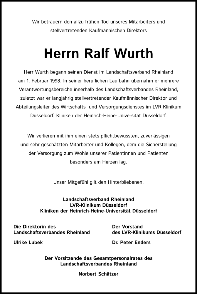  Traueranzeige für Ralf Wurth vom 26.06.2021 aus Kölner Stadt-Anzeiger / Kölnische Rundschau / Express