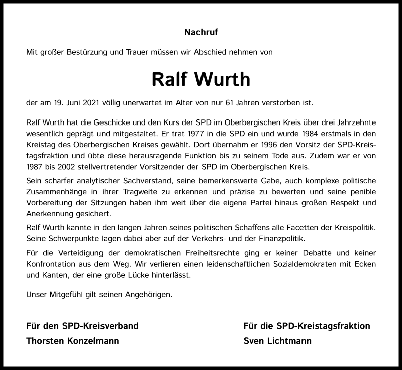  Traueranzeige für Ralf Wurth vom 26.06.2021 aus Kölner Stadt-Anzeiger / Kölnische Rundschau / Express