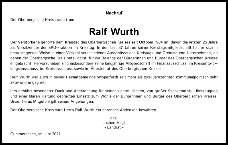  Traueranzeige für Ralf Wurth vom 26.06.2021 aus Kölner Stadt-Anzeiger / Kölnische Rundschau / Express