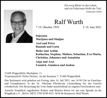 Anzeige von Ralf Wurth von Kölner Stadt-Anzeiger / Kölnische Rundschau / Express